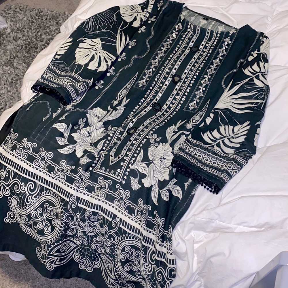 Black and white floral cotton kurti with sequins